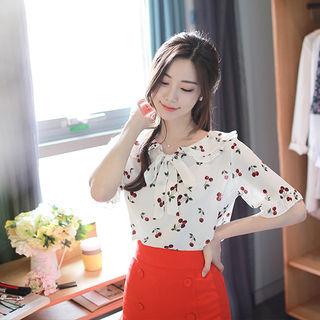 Tie-neck Short-sleeve Cherry Pattern Blouse