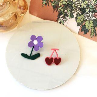 Flower Cherry Asymmetrical Alloy Earring 1 Pair - S925 Silver Stud Earring - Purple & Pink - One Size
