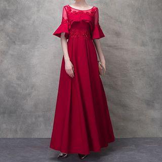 Flower Applique Elbow-sleeve Evening Gown