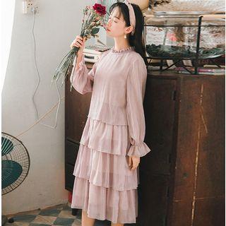 Long-sleeve Tiered Chiffon Dress