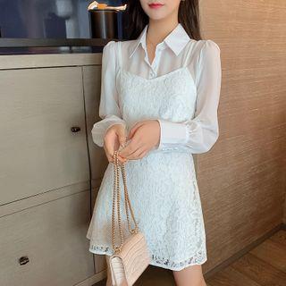 Set: Long-sleeve Plain Shirt + Sleeveless Lace Dress