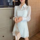 Set: Long-sleeve Plain Shirt + Sleeveless Lace Dress