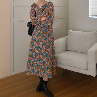 Long-sleeve Draped Floral Print Midi A-line Dress