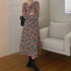 Long-sleeve Draped Floral Print Midi A-line Dress