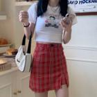 Short-sleeve Cartoon Print T-shirt / Plaid Skort