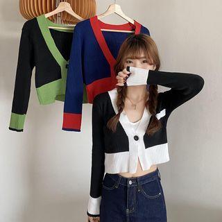 Long Sleeve V-neck Contrast Trim Cropped Cardigan