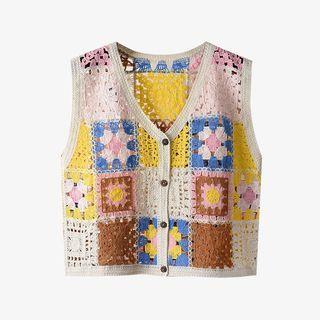 Color Block Single-breasted Crochet Vest