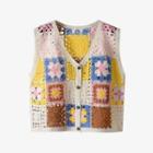 Color Block Single-breasted Crochet Vest