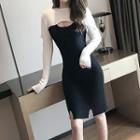 Long-sleeve Cutout Bodycon Dress Black & White - One Size