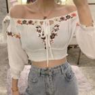 Embroidered Off-shoulder Lace-up Long-sleeve Blouse White - One Size
