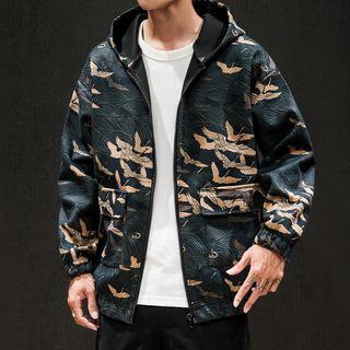 Crane Print Hooded Zip Jacket