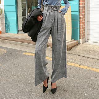 Belted Glen-plaid Wide-leg Dress Pants