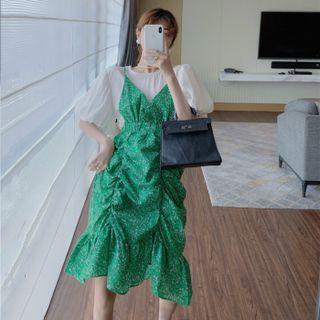 Lantern-sleeve Round Neck Plain Top / Spaghetti Strap V-neck Drawstring Floral Mermaid Dress