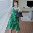 Lantern-sleeve Round Neck Plain Top / Spaghetti Strap V-neck Drawstring Floral Mermaid Dress