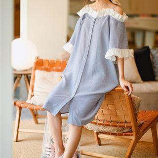 Off-shoulder Ruffle Trim Elbow-sleeve Dress