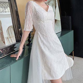 Elbow-sleeve Sequin A-line Cocktail Dress