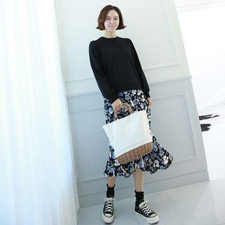 Mock Two-piece Floral Print Dress Black - One Size