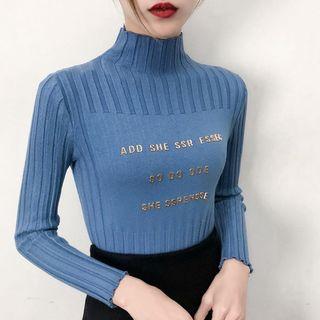 Mock Neck Long-sleeve Lettering Knit Top