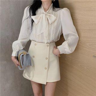 Tie-neck Blouse / Asymmetrical Mini A-line Skirt