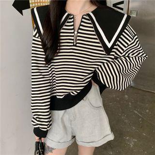 Striped Collared Sweatshirt Stripes - Black & White - One Size