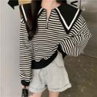 Striped Collared Sweatshirt Stripes - Black & White - One Size
