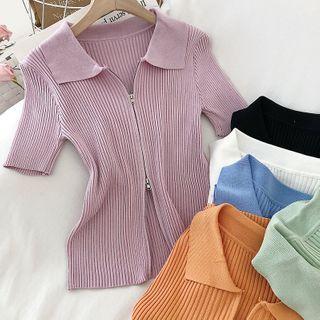 Collared Double-headed Zipper Short-sleeve Knit Top
