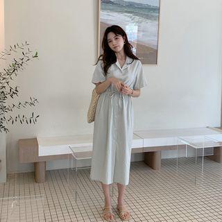 Drawstring-waist Slit-side Pastel Shirtdress