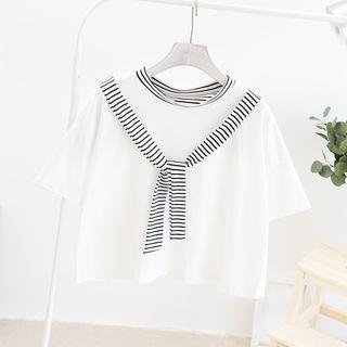 Elbow-sleeve Striped Paneled T-shirt