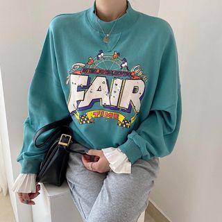 Flared-cuff Lettering Sweatshirt Green - One Size