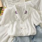 Rose-embroidered Lace-trim Slim-fit Shirt