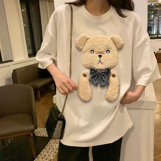 Bear Applique Elbow-sleeve T-shirt