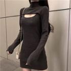 Long-sleeve Cutout Front Sheath Dress Gray - One Size