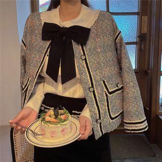 Collared Blouse / Ribbon / Glitter Single-breasted Jacket
