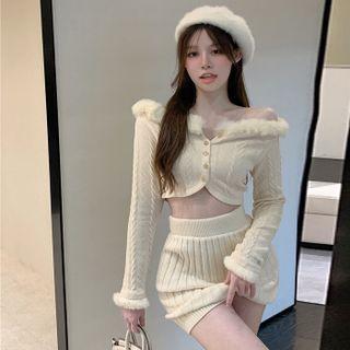 Set: Fluffy Trim Cropped Cardigan + Mini Skirt Set Of 2 - Cardigan & Skirt - Off-white - One Size