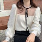 Long-sleeve Bow Mesh Overlay Blouse White - One Size