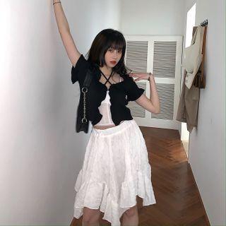 Short-sleeve Frill Trim Plain Cardigan / Plain Lace Camisole / High-waist Shirred A-line Skirt