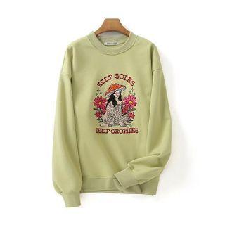 Embroidery Round Neck Long Sleeve Sweatshirt Avocado Green - One Size