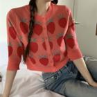 Elbow-sleeve Strawberry Print Cropped Cardigan Strawberry Print - Red - One Size
