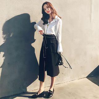 Contrast Trim Notch-lapel Shirt / Asymmetrical H-line Skirt / Set