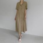 Open-placket Pintuck Long Dress Light Brown - One Size
