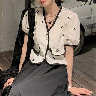 Short-sleeve Floral Embroidered Button-up Blouse
