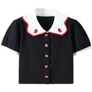 Short-sleeve Embroidered Knit Top Black - One Size
