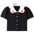Short-sleeve Embroidered Knit Top Black - One Size