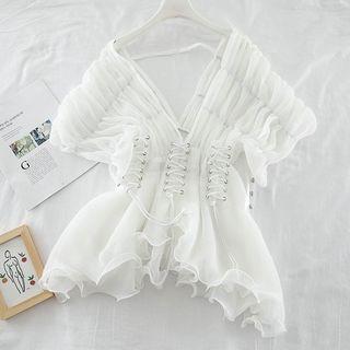 Deep V-neck Ruffle-trim Mesh Top