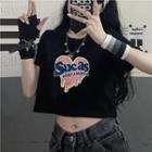 Short Sleeve Printed Cropped T-shirt Black - One Size