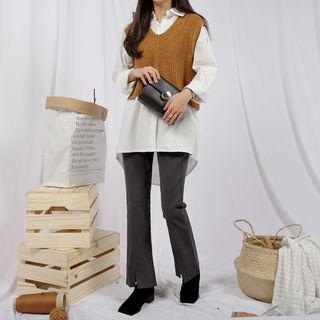 Band-waist Slit Boot-cut Dress Pants