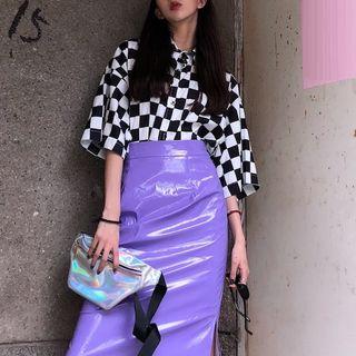 Check Short-sleeve Shirt / Glittered Skirt