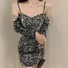 Long-sleeve Cold Shoulder Sequined Mini Bodycon Dress