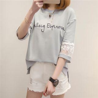 Letter Lace Panel Elbow-sleeve Top