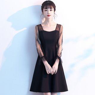 Mesh-sleeve Midi A-line Dress